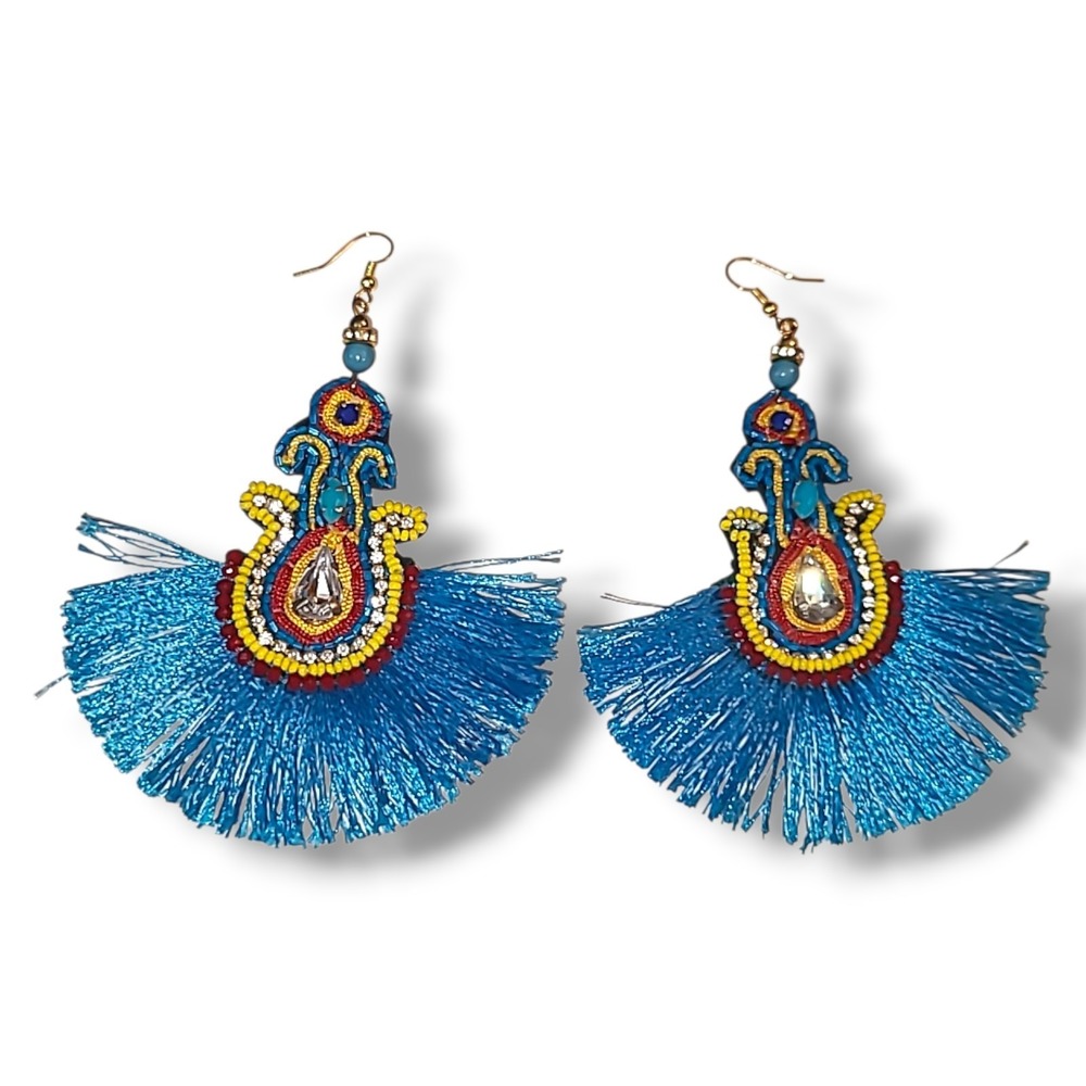 Large‎ Blue Beaded Tassel Dangle Earrings Boho Festival Statement